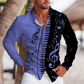 בציר אופנה חולצות לגברים קליל פסנתר הדפסה מנופחים כפתור שרוול ארוך העליון Mens בגדים חופשה מעצב החולצה החדשה