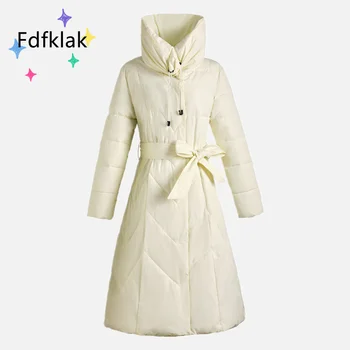 Fdfklak אמצע אורך החורף נשים מעיל חדש קוריאני חופשי הברך מותניים חגורת המעיל הכתום לבן צמר גפן מעיל Casaco Feminino