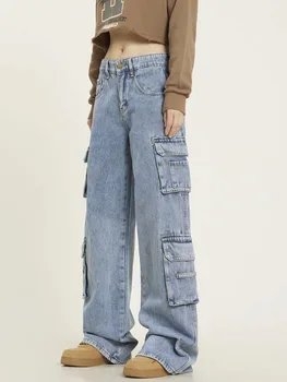 WCFCX סטודיו גבוהה המותניים מטען ג 'ינס לנשים בציר Y2k ג' ינס מכנסיים שיק וינטג 'אופנת רחוב Harajuku ג' ינס