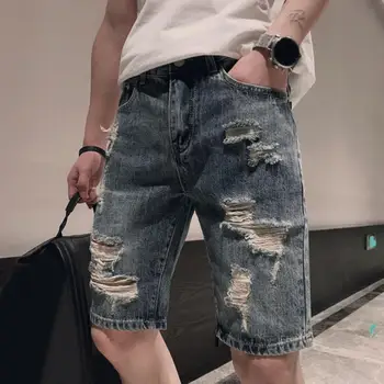 גברים מכנסי ג 'ינס קצרים של גברים אופנת רחוב ג' ינס קצרים שנות ה-עלייה קרע חורים רגל ישרה באורך הברך עם כיסים רוכסן כפתורים
