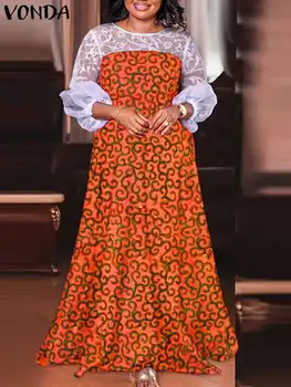 וונדה נשים מקסי שמלה ארוכה בוהמי פנס שרוול תחרה רשת טלאים קיץ שמלת קיץ 2023 מזדמן מודפס חלוק נשי ענק.