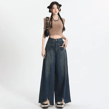 כחול ג ' ינס נשים גבוהה המותניים אמריקאי רחב הרגל מכנסיים אופנה היפ הופ משובח נקבה רחוב 2023 ישר הקיץ מוצק מכנסיים