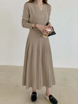 משוחרר גבוהה המותניים הרזיה קפלים לסרוג את השמלה עבור נשים קוריאני שיק מוצק צבע V-כפתור שרוול ארוך סתיו חורף Vestidos