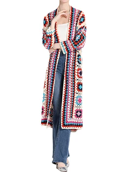 נשים s פרחוני סריגה קרדיגן ארוך יומיומי שרוול ארוך פתוח מול לסרוג סוודר בוהמי מגשר להאריך ימים יותר מעיל