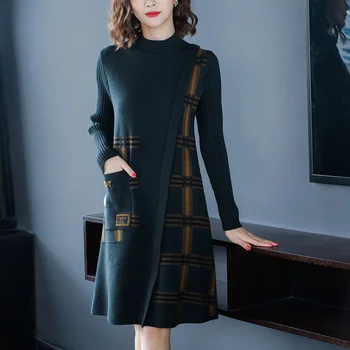 נשים סוודר 2022 אופנה O-צוואר שרוול ארוך באורך טלאים התחתונה שמלת סוודר Oversize באיכות גבוהה