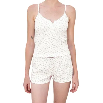 נשים קיץ קצרים להגדיר מזדמן פרחוני/ דוט הדפס כפתור V-צוואר בלי שרוולים החולצה + אלסטי מכנסי פיג ' מה Loungewear הביתה ללבוש.