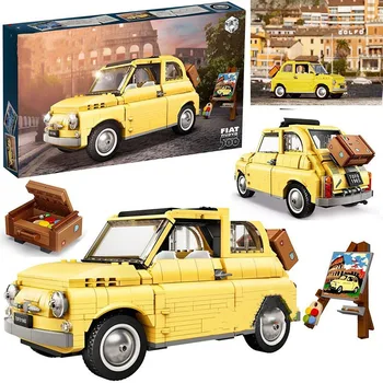 פיאט 500 מכונית צהובה אבני בניין לבנים תואם 10271 77942 יום הולדת מתנה לחג המולד מודל הרכב צעצועים במלאי