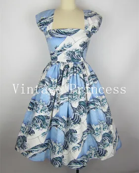 קיץ נשים וינטאג הגדול גל הדפסה שרוולים סווינג midi שמלה פין עד רוקבילי כותנה בתוספת גודל 4xl vestidos שמלות