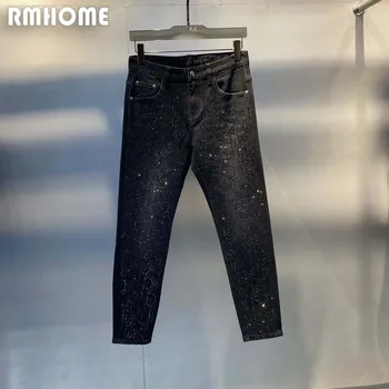 ריינסטון ג 'ינס של גברים ג' ינס שחור עם כפות רגליים קטנות זכר מכנסיים מותג האופנה מלאה של יהלומים עיצוב באיכות גבוהה אופנתי מכנסיים 36