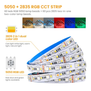 5 מטר RGB CCT רצועת LED 12V 24V 5050 RGB+2835 לבן חם/ לבן 120LEDs/m ניתן לעמעום גמיש LED קלטת אור לקישוט הבית