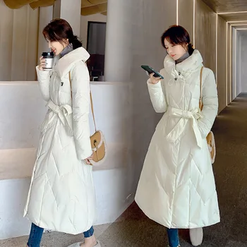 Fdfklak אמצע אורך החורף נשים מעיל חדש קוריאני חופשי הברך מותניים חגורת המעיל הכתום לבן צמר גפן מעיל Casaco Feminino