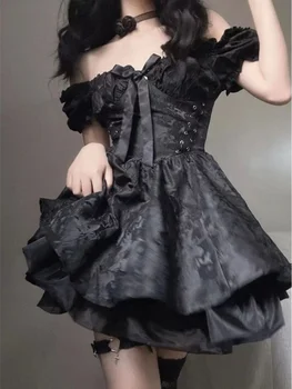 QWEEK גותי גותי Harajuku תחבושת שמלה סקסית מחוץ כתף תחרה רשת מיני קצרות שמלות המפלגה אלגנטי 2023 תלבושות קיץ