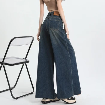 כחול ג ' ינס נשים גבוהה המותניים אמריקאי רחב הרגל מכנסיים אופנה היפ הופ משובח נקבה רחוב 2023 ישר הקיץ מוצק מכנסיים