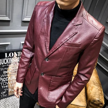 אופנה, Mens Pu עור מעילי Kpop סתיו סגנון ז ' קט אופנוענים דמוי עור מעילים יין אדום שחור מעילים מעילים בתוספת גודל S-5XL